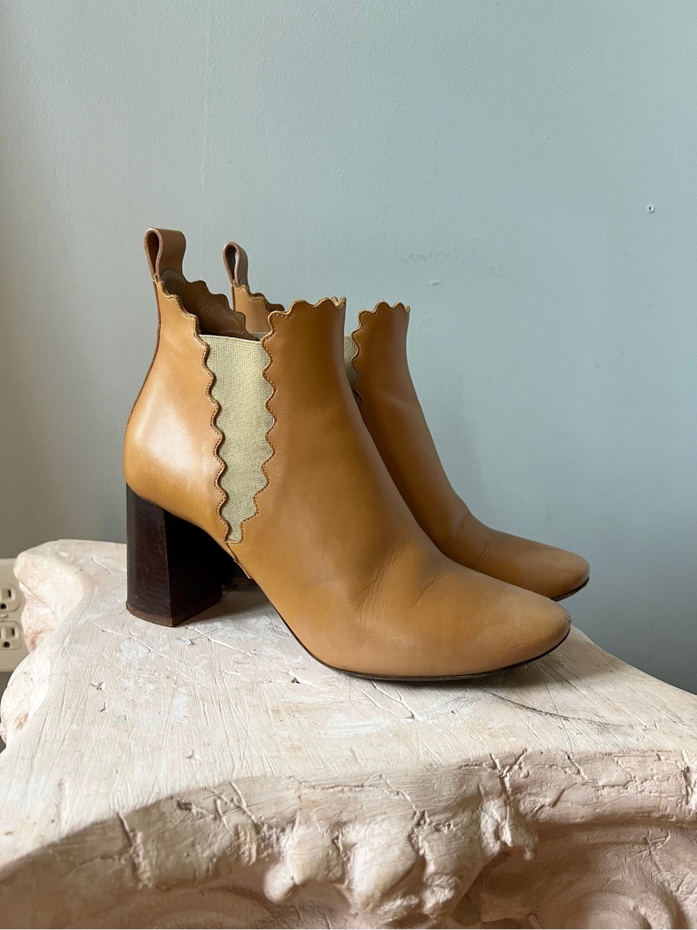 Chloe Tan Scalloped Leather Ankle Boots made in Italy